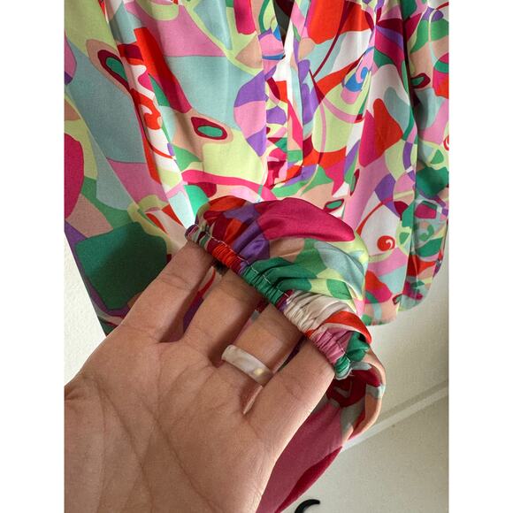 Karlie Blouse Small Multicolor Abstract Print Long Sleeve Ruffle Neck Boho Top - Picture 2 of 7